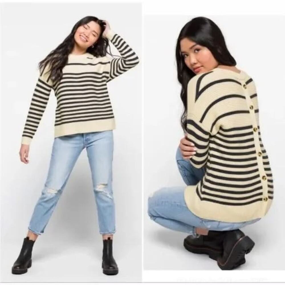 Madewell Greensboro Oversized Beige Stripe Cotton Blend Knit Buttonback Sweater